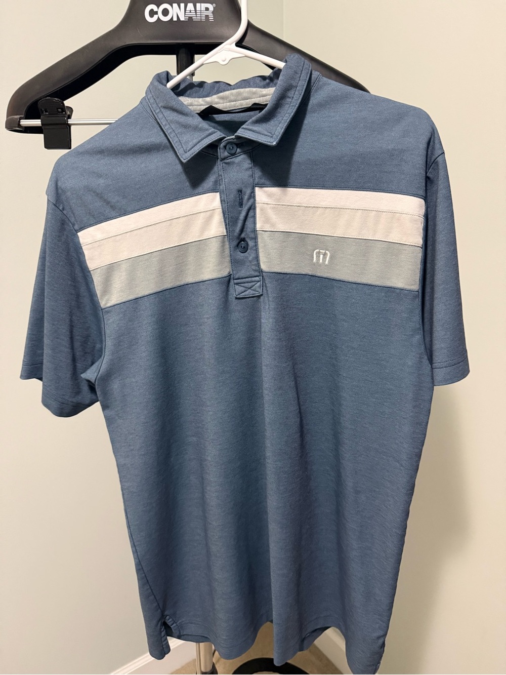 Travis Matthew Men’s Blue Polo with White & Gray Chest Stripes